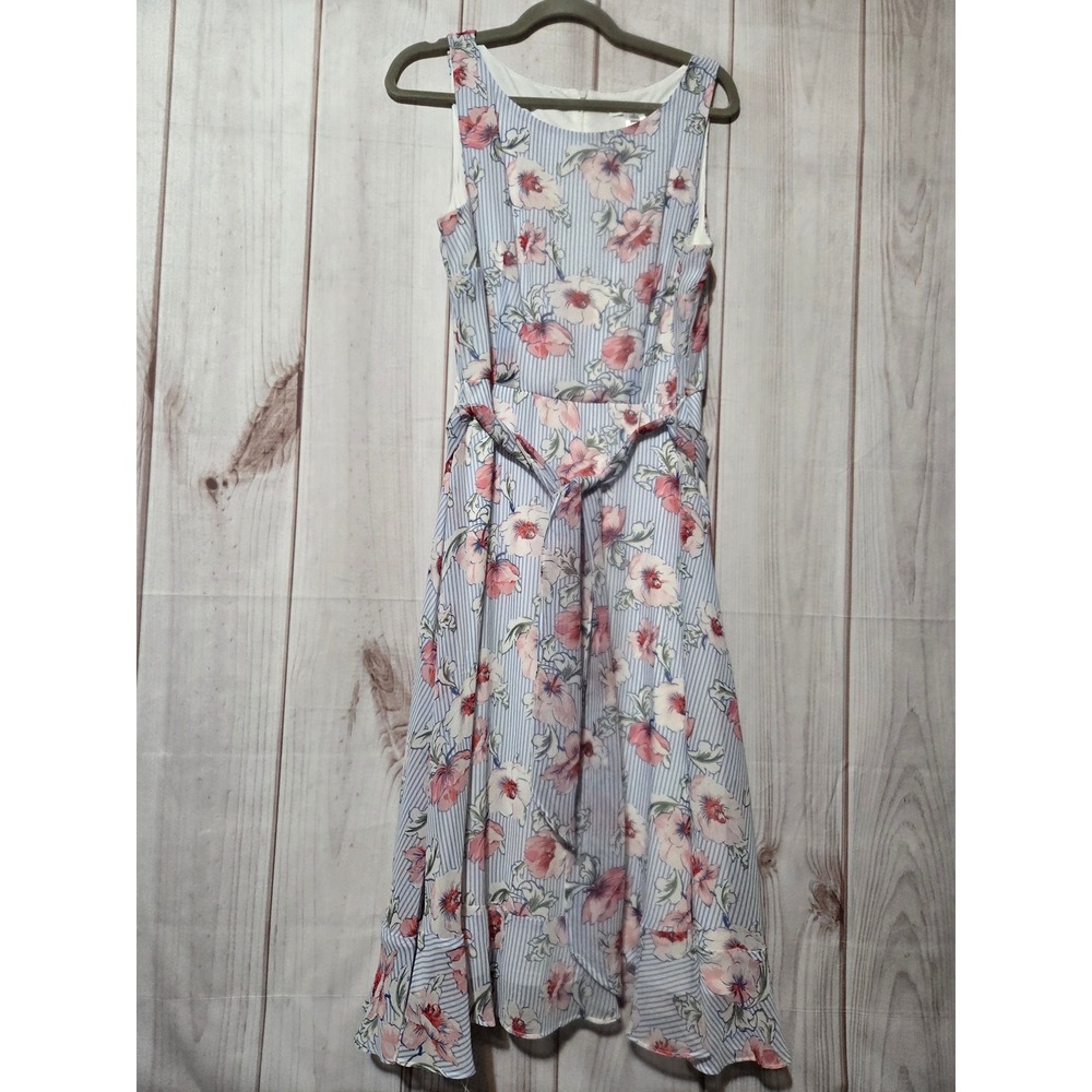 Studio‎ One New York Floral Stripe Sleeveless Midi Dress Blue Pink White Size 14